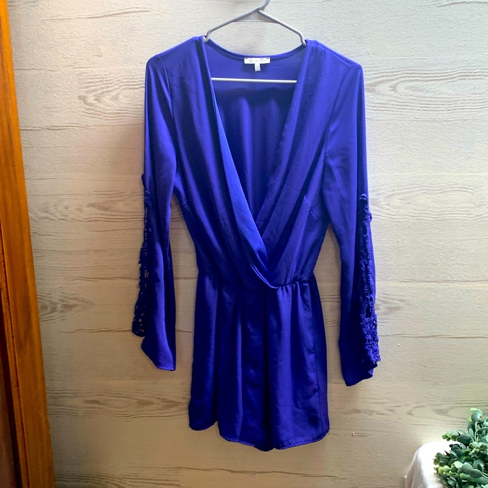 Charlotte Russe blue long bell crochet sleeve dressy shorts romper . Size S